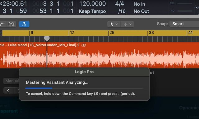 This is a visual of the DAW screen inside Logic Pro AI generated music Mastering Assistant for music producers