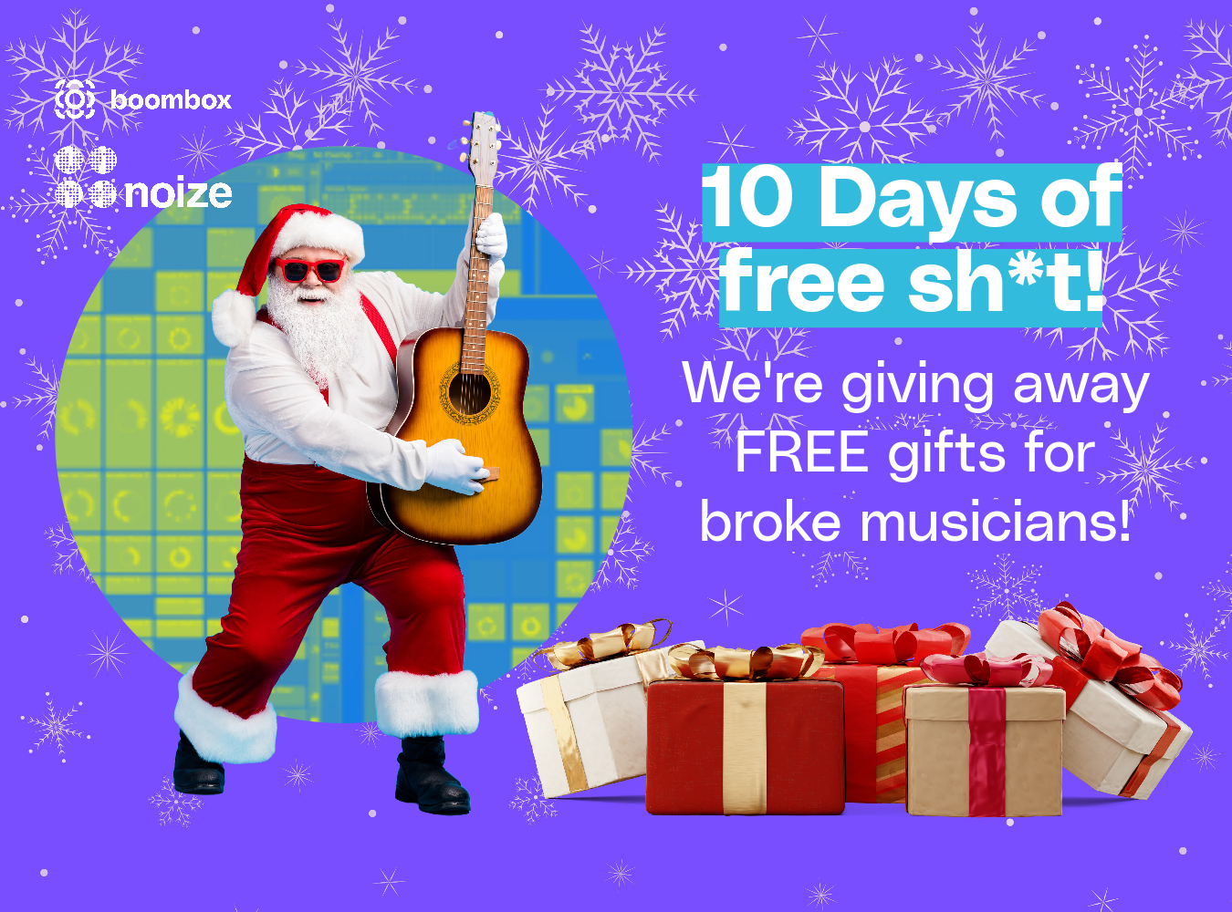 This is a photo of a cool music producer Santa Clause playing the guitar and offering a bunch of music gifts for producers. This is encouraging readers to sign up for the 10 days of christmas giveaway by Boombox.io and Noize London 